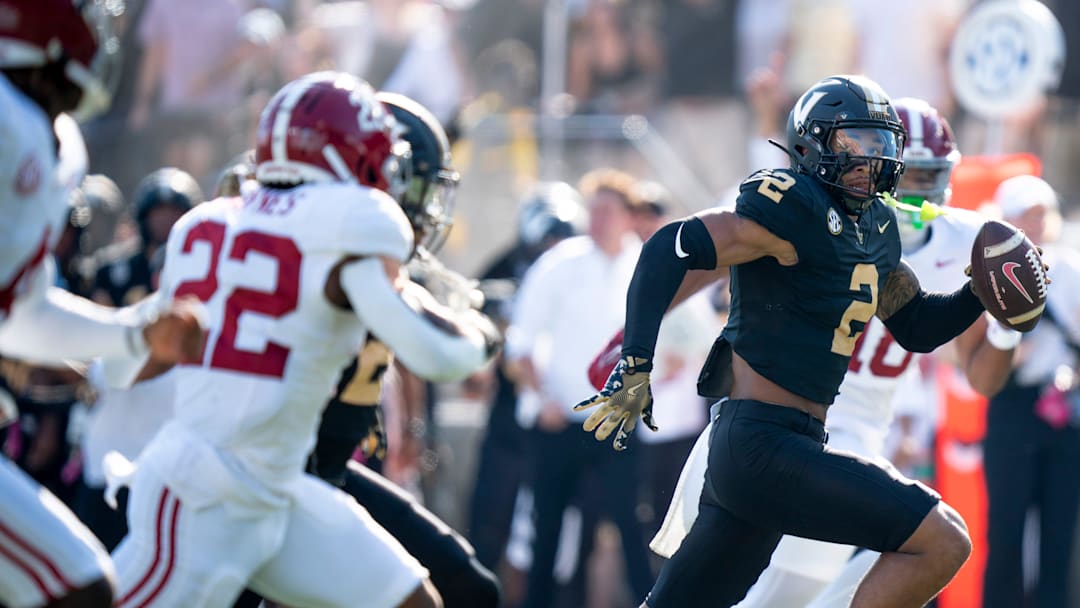 Vanderbilt Commodores linebacker Randon Fontenette (2) runs a Alabama Crimson Tide interception in for a touchdown during their game at Vanderbilt Stadium in Nashville, Tenn., Saturday, Oct. 5, 2024. Vanderbilt Commodores linebacker Randon Fontenette (2) runs a Alabama Crimson Tide interception in for a touchdown during their game at Vanderbilt Stadium in Nashville, Tenn., Saturday, Oct. 5, 2024.