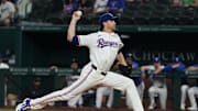 May 15, 2025; Arlington, Texas, USA; Texas Rangers pitcher Jacob deGrom (48) throws to the plate during the first inning against the Houston Astros at Globe Life Field. 