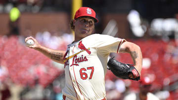 Jun 29, 2024; St. Louis, Missouri, USA; St. Louis Cardinals pitcher Gordon Graceffo (67) makes his MLB Debut throwing against the Cincinnati Reds during the fifth inning at Busch Stadium. Mandatory Credit: Jeff Le-USA TODAY Sports