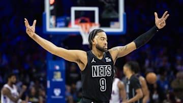 Feb 22, 2025; Philadelphia, Pennsylvania, USA; Brooklyn Nets forward Trendon Watford (9) reacts after a score against the Philadelphia 76ers during the fourth quarter at Wells Fargo Center. Mandatory Credit: Bill Streicher-Imagn Images