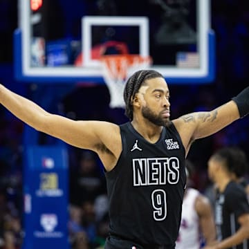 Feb 22, 2025; Philadelphia, Pennsylvania, USA; Brooklyn Nets forward Trendon Watford (9) reacts after a score against the Philadelphia 76ers during the fourth quarter at Wells Fargo Center. Mandatory Credit: Bill Streicher-Imagn Images