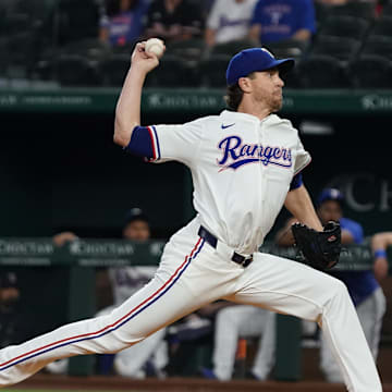 Texas Rangers pitcher Jacob deGrom (48) throws to the plate during the first inning against the Houston Astros at Globe Life Field on May 15.