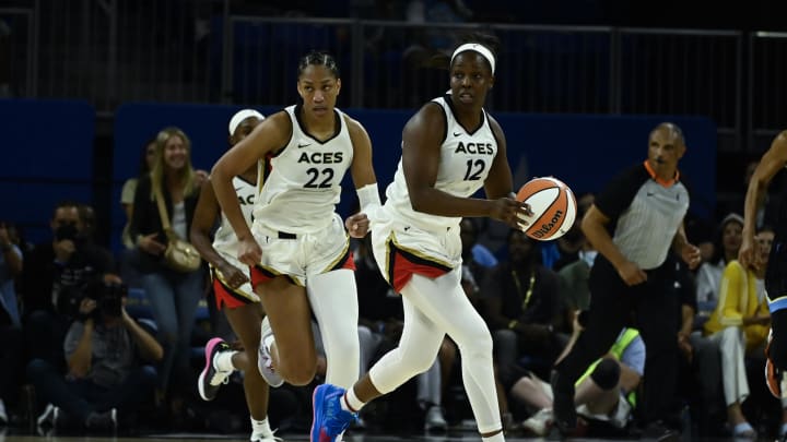 Jul 26, 2022; Chicago, IL, USA;  Las Vegas Aces guard Chelsea Gray (12) moves the ball with Las