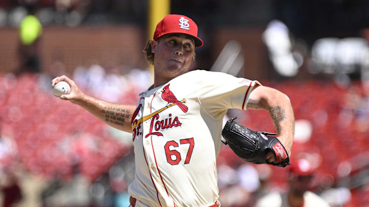 Jun 29, 2024; St. Louis, Missouri, USA; St. Louis Cardinals pitcher Gordon Graceffo (67) makes his MLB Debut throwing against the Cincinnati Reds during the fifth inning at Busch Stadium. Mandatory Credit: Jeff Le-USA TODAY Sports