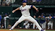 May 15, 2025; Arlington, Texas, USA; Texas Rangers pitcher Jacob deGrom (48) throws to the plate during the first inning against the Houston Astros at Globe Life Field.