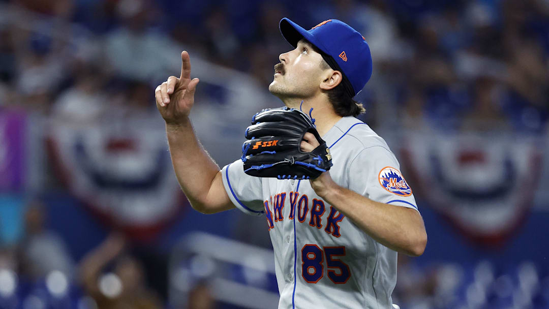 Apr 2, 2023; Miami, Florida, USA; New York Mets relief pitcher Stephen Nogosek (85) reacts to the win against the Miami Marlins in the ninth inning at loanDepot Park. Mandatory Credit: Rhona Wise-Imagn Images Apr 2, 2023; Miami, Florida, USA; New York Mets relief pitcher Stephen Nogosek (85) reacts to the win against the Miami Marlins in the ninth inning at loanDepot Park. Mandatory Credit: Rhona Wise-Imagn Images