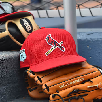 Mar 3, 2017; West Palm Beach, FL, USA; A view of St. Louis Cardinals hats and gloves on the steps of the dugout in the game against the Washington Nationals at The Ballpark of the Palm Beaches. Mandatory Credit: Jasen Vinlove-Imagn Images