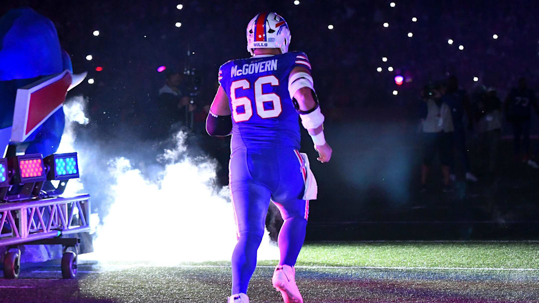 Sep 7, 2025; Orchard Park, New York, USA; Buffalo Bills guard Connor McGovern (66) enters the field before a game against the Baltimore Ravens at Highmark Stadium.