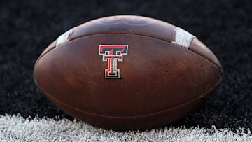 A general view of a game ball on the goal line before the game between the Texas Tech Red Raiders and the UCF Knights at Jones AT&T Stadium.