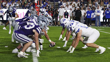 Sep 21, 2024; Provo, Utah, USA;  The Kansas State Wildcats offense lines up against the Brigham Young Cougars defense during the first quarter at LaVell Edwards Stadium. Mandatory Credit: Rob Gray-Imagn Images