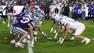 Sep 21, 2024; Provo, Utah, USA;  The Kansas State Wildcats offense lines up against the Brigham Young Cougars defense during the first quarter at LaVell Edwards Stadium. Mandatory Credit: Rob Gray-Imagn Images