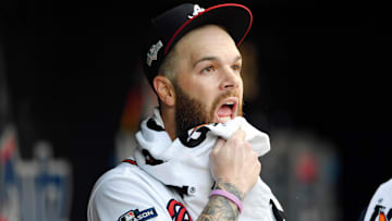 Former Atlanta Braves starting pitcher Dallas Keuchel (60) in the dugout after being taken out of the game against the St. Louis Cardinals during the fifth inning of game one of the 2019 NLDS.