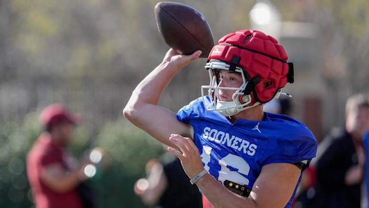 Cole Gonzales (16) runs drills during an Oklahoma (OU) football practice at the Gaylord Family Oklahoma Memorial Stadium in Norman, Okla., on Tuesday, March 25, 2025. Cole Gonzales (16) runs drills during an Oklahoma (OU) football practice at the Gaylord Family Oklahoma Memorial Stadium in Norman, Okla., on Tuesday, March 25, 2025.