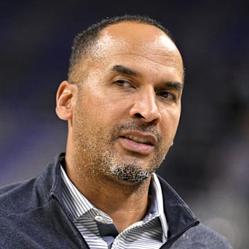 Oct 6, 2025; Fort Worth, Texas, USA; Dallas Mavericks general manager Nico Harrison looks on before the game against the Oklahoma City Thunder at Dickie's Arena. Mandatory Credit: Jerome Miron-Imagn Images