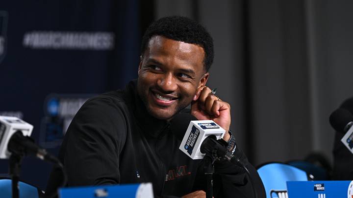 Mar 20, 2026; St. Louis, MO, USA; Miami (FL) Hurricanes head coach Jai Lucas answers questions at a press conference after the game against Missouri Tigers during a first round game of the men's 2026 NCAA Tournament at Enterprise Center. Mandatory Credit: Jeff Le-Imagn Images