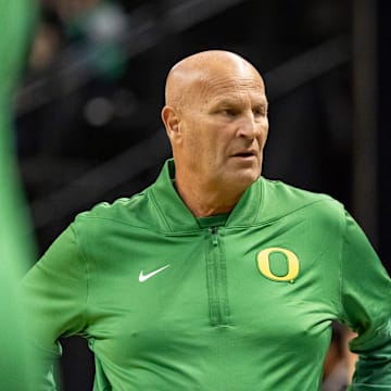 Oregon head coach Kelly Graves looks on as the Oregon Ducks host the Western Oregon Wolves in an exhibition game at Matthew Knight Arena in Eugene on Oct. 30, 2025.