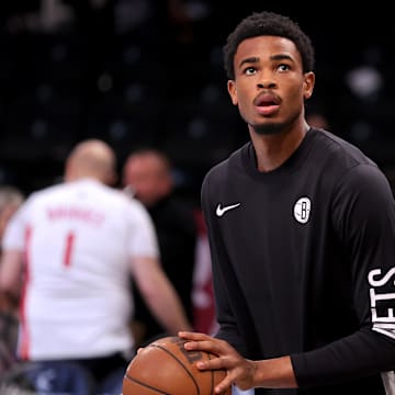 Dec 8, 2023; Brooklyn, New York, USA; Brooklyn Nets center Nic Claxton (33) warms up before a game against the Washington Wizards at Barclays Center. Mandatory Credit: Brad Penner-Imagn Images