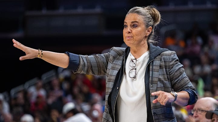 Jun 4, 2023; Indianapolis, Indiana, USA; Las Vegas Aces head coach Becky Hammon in the second half against the Indiana Fever at Gainbridge Fieldhouse. Mandatory Credit: Trevor Ruszkowski-Imagn Images