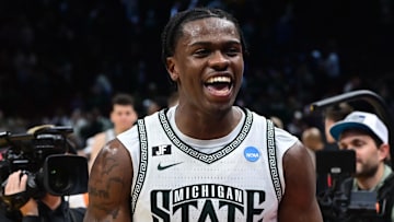 Mar 23, 2025; Cleveland, OH, USA; Michigan State Spartans forward Coen Carr (55) celebrates after the game against the New Mexico Lobos during the NCAA Tournament Second Round at Rocket Arena. Mandatory Credit: Ken Blaze-Imagn Images