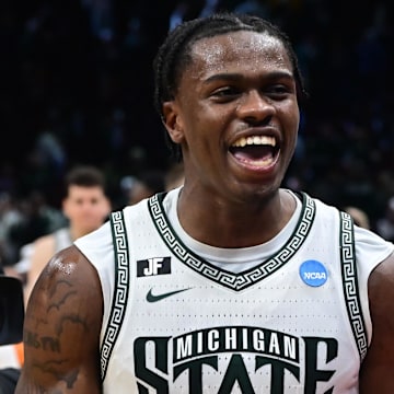 Mar 23, 2025; Cleveland, OH, USA; Michigan State Spartans forward Coen Carr (55) celebrates after the game against the New Mexico Lobos during the NCAA Tournament Second Round at Rocket Arena. Mandatory Credit: Ken Blaze-Imagn Images