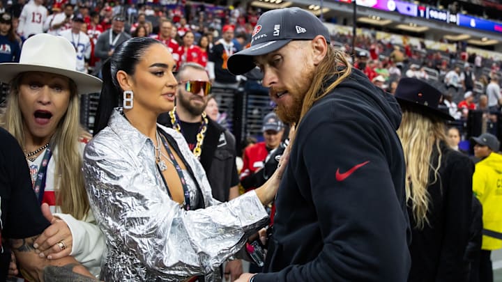 San Francisco 49ers tight end George Kittle (right) with wife Claire Kittle prior to the game against the Kansas City Chiefs. San Francisco 49ers tight end George Kittle (right) with wife Claire Kittle prior to the game against the Kansas City Chiefs.