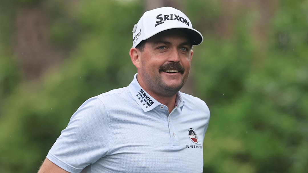 Keegan Bradley during a practice round at Augusta National ahead of the 2025 Masters