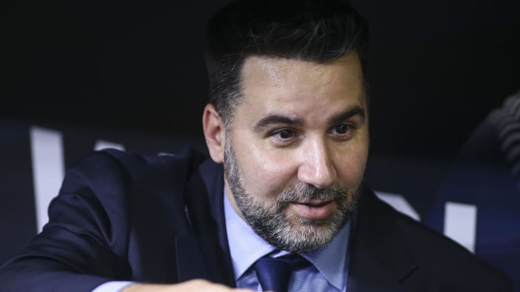 Oct 25, 2021; Houston, Texas, USA;  Atlanta Braves general manager Alex Anthopoulos talks in the