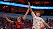 Feb. 18, 2024; Louisville guard Sydney Taylor (1) goes for a layup against Virginia Tech forward Carys Baker (10).