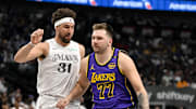 Apr 9, 2025; Dallas, Texas, USA; Dallas Mavericks guard Klay Thompson (31) and Los Angeles Lakers guard Luka Doncic (77) in action during the game between the Dallas Mavericks and the Los Angeles Lakers at American Airlines Center. Mandatory Credit: Jerome Miron-Imagn Images