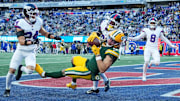 Nov 16, 2025; East Rutherford, New Jersey, USA; Green Bay Packers wide receiver Christian Watson (9) makes a touchdown catch against New York Giants cornerback Korie Black (38) during the fourth quarter during the fourth quarter at MetLife Stadium.  