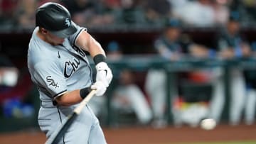 Jun 16, 2024; Phoenix, Arizona, USA; Chicago White Sox first base Andrew Vaughn (25) hits a single against the Arizona Diamondbacks during the first inning at Chase Field