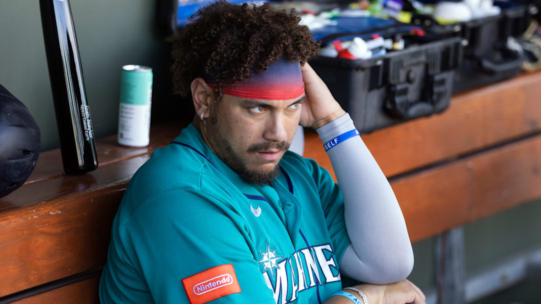 Feb 25, 2026; Surprise, Arizona, USA; Seattle Mariners infielder Josh Naylor against the Kansas City Royals during a spring training game at Surprise Stadium. Mandatory Credit: Mark J. Rebilas-Imagn Images