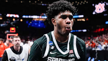 Michigan State guard Jase Richardson (11) exits the court after 70-64 loss to Auburn at the Elite Eight round of NCAA tournament at State Farm Arena in Atlanta, Ga. on Sunday, March 30, 2025.