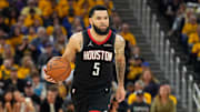 Apr 26, 2025; San Francisco, California, USA; Houston Rockets guard Fred VanVleet (5) dribbles against the Golden State Warriors during the fourth quarter of game three of first round for the 2024 NBA Playoffs at Chase Center. Mandatory Credit: Darren Yamashita-Imagn Images