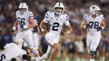 Kansas State Wildcats quarterback Avery Johnson (2) runs for yards during the second half against the North Dakota Fighting Hawks at Bill Snyder Family Stadium on Aug. 30, 2025.