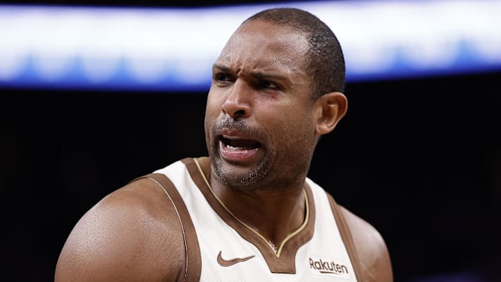 Feb 9, 2026; San Francisco, California, USA; Golden State Warriors center Al Horford (20) with blood under his left eye after a play against the Memphis Grizzlies during the fourth quarter at Chase Center. Mandatory Credit: Kelley L Cox-Imagn Images