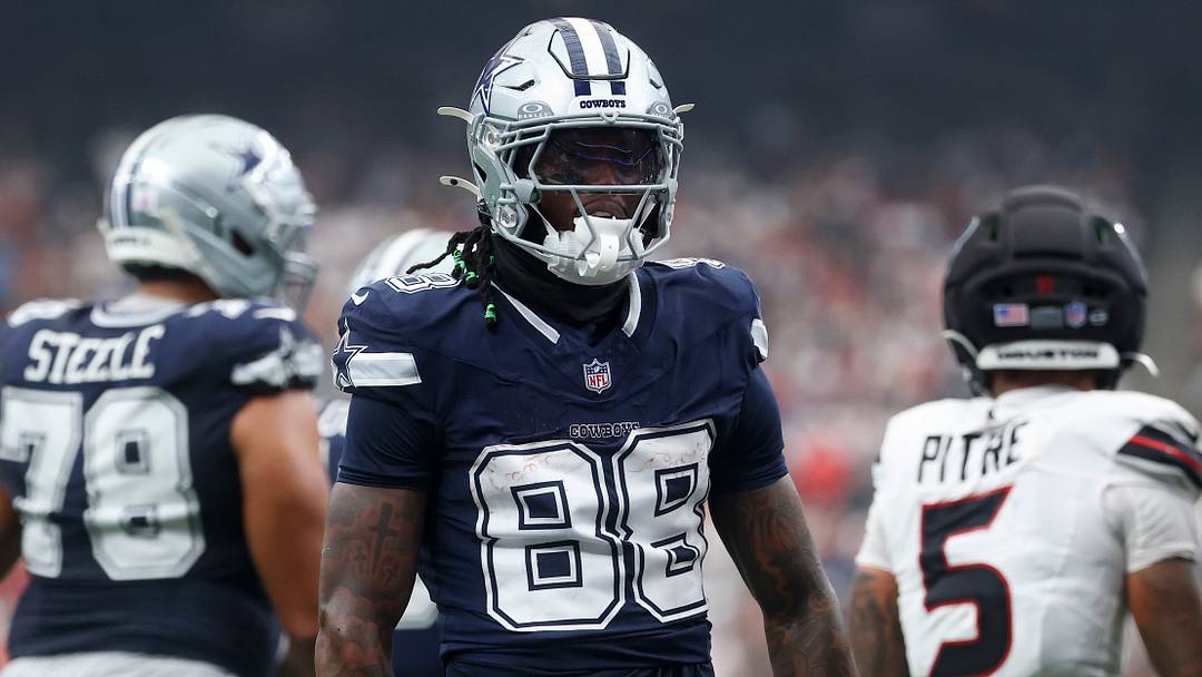 Dallas Cowboys wide receiver CeeDee Lamb (88) reacts after a reception during the game against the Houston Texans at Reliant Stadium.