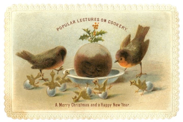 A Victorian Christmas and New Year card from 1874 showing a smiling Christmas pudding topped with holly surrounded by two adu