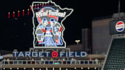 Sep 26, 2024; Minneapolis, Minnesota, USA; Miami Marlins infield Javier Sanoja (86) and the team regroups after Minnesota Twins outfielder Trevor Larnach (9) singles in the eleventh inning at Target Field. 