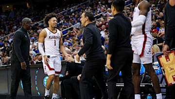 Mar 27, 2025; Newark, NJ, USA; Alabama Crimson Tide guard Mark Sears (1) celebrates with the bench during the second half against the Brigham Young Cougars during an East Regional semifinal of the 2025 NCAA tournament at Prudential Center. Mandatory Credit: Vincent Carchietta-Imagn Images