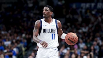 Feb 27, 2025; Dallas, Texas, USA;  Dallas Mavericks guard Kyrie Irving (11) controls the ball against the Charlotte Hornets during the second half at American Airlines Center. Mandatory Credit: Kevin Jairaj-Imagn Images