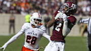 Nov 2, 2019; College Station, TX, USA; Texas A&M Aggies wide receiver Jhamon Ausbon (2) catches a pass over UTSA Roadrunners cornerback Cassius Grady (28) during the fourth quarter at Kyle Field. Mandatory Credit: John Glaser-Imagn Images