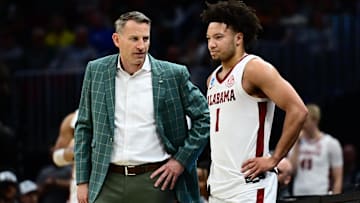 Mar 23, 2025; Cleveland, OH, USA; Alabama Crimson Tide head coach Nate Oats coaches guard Mark Sears (1) in the second half against the St. Mary's Gaels during the NCAA Tournament Second Round at Rocket Arena. Mandatory Credit: Ken Blaze-Imagn Images