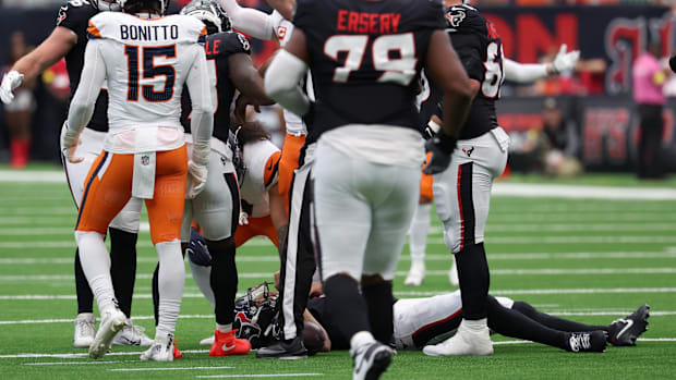 Nov 2, 2025; Houston, Texas, USA; Houston Texans quarterback C.J. Stroud (7) is injured during the first half against the Den