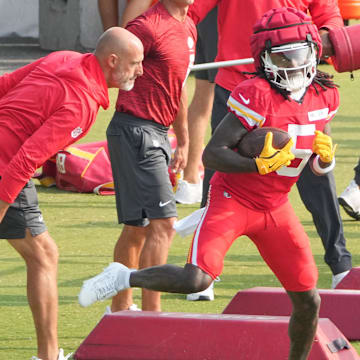 Jul 26, 2024; Kansas City, MO, USA; Kansas City Chiefs wide receiver Marquise “Hollywood” Brown (5) runs drills during training camp at Missouri Western State University. Mandatory Credit: Denny Medley-Imagn Images