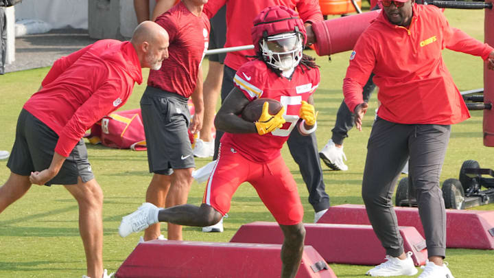 Jul 26, 2024; Kansas City, MO, USA; Kansas City Chiefs wide receiver Marquise “Hollywood” Brown (5) runs drills during training camp at Missouri Western State University. Mandatory Credit: Denny Medley-Imagn Images