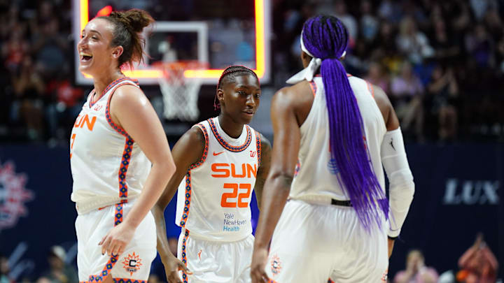 Sep 6, 2025; Uncasville, Connecticut, USA; Connecticut Sun guard Marina Mabrey (3) reacts after a three point basket by guard Saniya Rivers (22) against the Phoenix Mercury in the first half at Mohegan Sun Arena. Mandatory Credit: David Butler II-Imagn Images Sep 6, 2025; Uncasville, Connecticut, USA; Connecticut Sun guard Marina Mabrey (3) reacts after a three point basket by guard Saniya Rivers (22) against the Phoenix Mercury in the first half at Mohegan Sun Arena. Mandatory Credit: David Butler II-Imagn Images