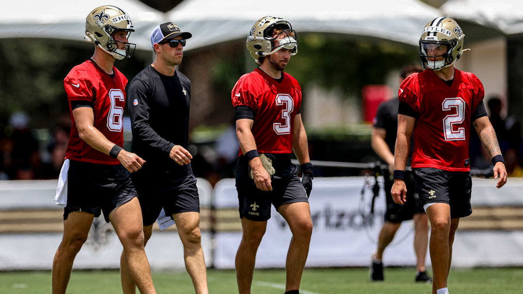 Quarterback's Tyler Shough, Jake Haener, and Spencer Rattler, along with QB coach Scott Tolzien, at New Orleans Saints Mandatory Minicamp