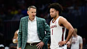 Mar 23, 2025; Cleveland, OH, USA; Alabama Crimson Tide head coach Nate Oats coaches guard Mark Sears (1) in the second half against the St. Mary's Gaels during the NCAA Tournament Second Round at Rocket Arena. Mandatory Credit: Ken Blaze-Imagn Images