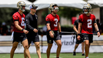 Quarterback's Tyler Shough, Jake Haener, and Spencer Rattler, along with QB coach Scott Tolzien, at New Orleans Saints Mandatory Minicamp